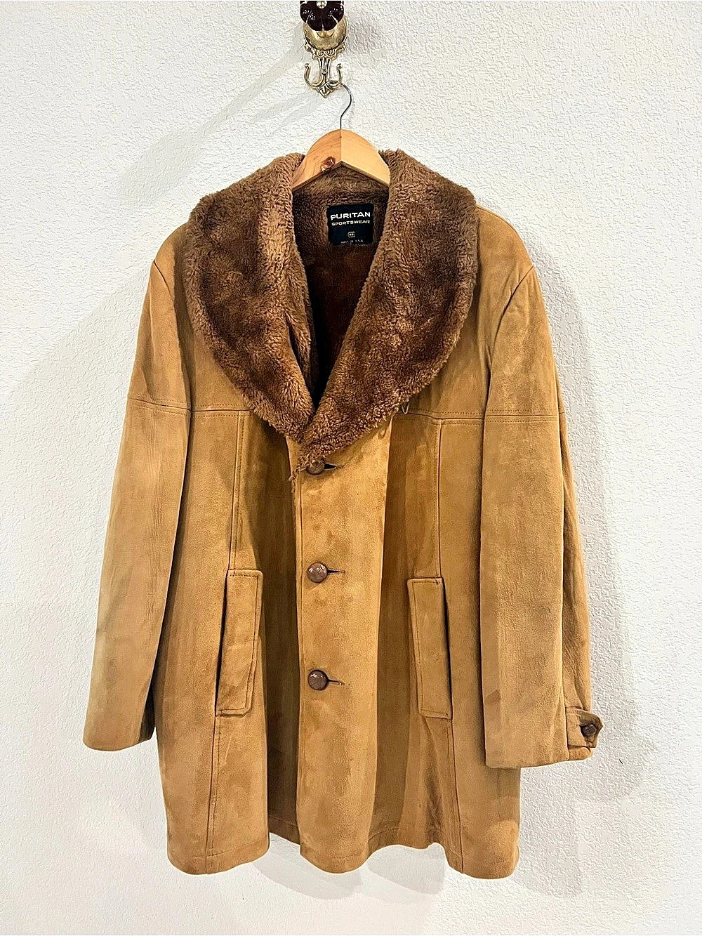 Vintage Puritan Sportswear Suede Shearling Coat Brown Size 46